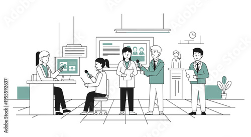 Journalists interview people in a modern office setting with screens and microphones