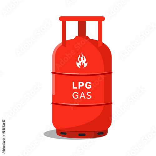 Red LPG gas cylinder with flame symbol propane tank for cooking fuel storage safety warning hazard vector illustration.