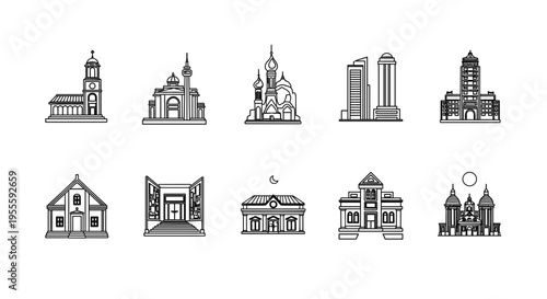 Collection of diverse architectural building line art icons representing different styles and eras