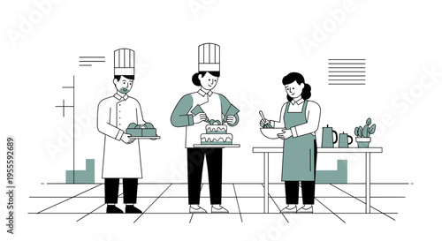 Three chefs in a kitchen decorating cakes and preparing ingredients for baking