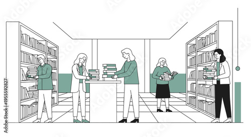 People organizing books on shelves in a library, a scene of knowledge and learning