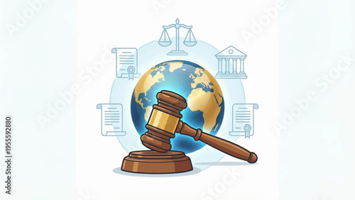 Law gavel on globe with legal documents background symbolizing justice and international law