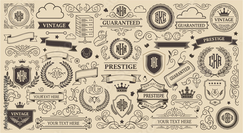 Collection of vintage ornamental elements and emblems for design and branding