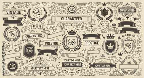 Vintage decorative elements set with badges frames ribbons crowns shields and labels with typography. Vector engraving style illustration isolated on beige background. Retro branding concept. Design 