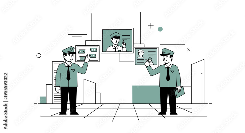 Fototapeta premium Two security guards interacting with digital displays showing profiles and data