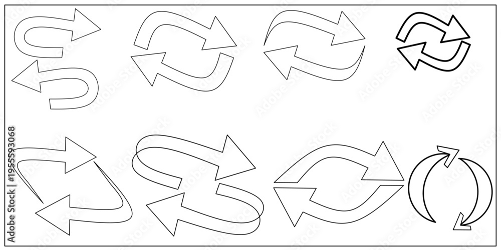 Fototapeta premium A collection of hand-drawn arrow images. Black and white arrow illustrations. Random curved arrows.