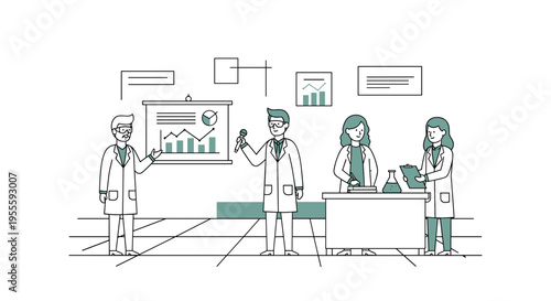 Scientists presenting research findings with charts and data in a modern laboratory setting