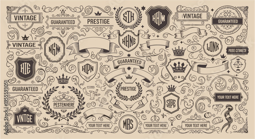 Collection of vintage ornamental elements and badges with crowns and ribbons