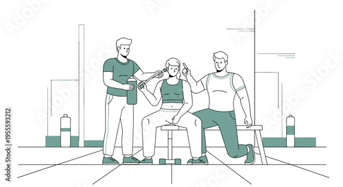 Personal trainer assisting client with recovery using massage gun after workout session