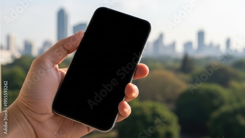 Hand Holding Smartphone with Cityscape Background.