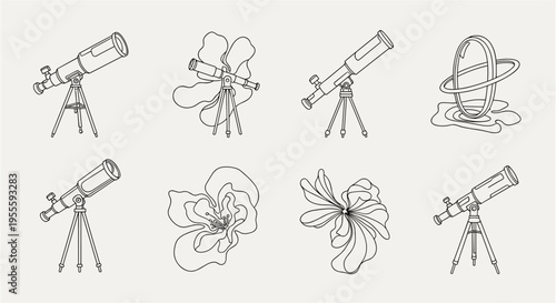 Collection of line art icons featuring telescopes and abstract floral shapes