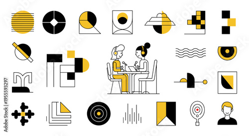 Two women with headphones interviewing each other with microphones and laptops in a studio setting