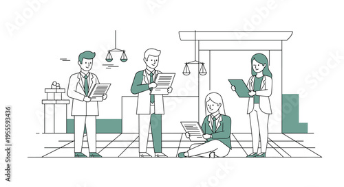 Lawyers collaborating on legal documents in a courtroom setting with scales of justice