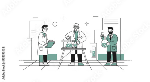 Scientists in a laboratory conducting experiments with beakers and flasks, modern flat design