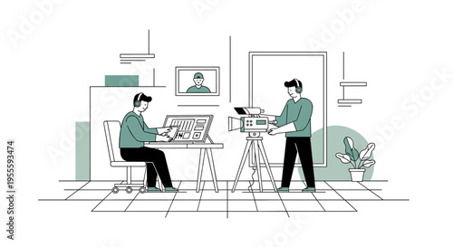 Two people working in a studio, one filming with a camera and the other editing on a laptop