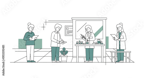 Scientists working in a laboratory, preparing samples and analyzing data on tablets