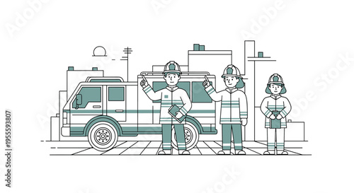 Firefighters in uniform standing with a fire truck and city buildings in the background