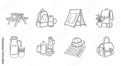 Collection of outdoor and picnic items in a simple line art style
