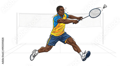 African American man playing badminton with racket and shuttlecock