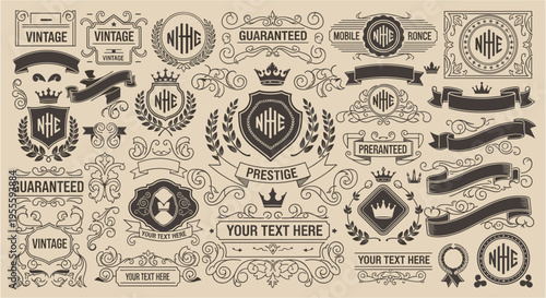 Vintage decorative elements set with badges frames ribbons crowns shields and labels with typography. Vector engraving style illustration isolated on beige background. Retro branding concept. Design f
