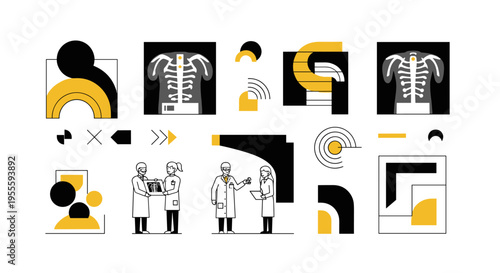 Modern abstract medical icons and illustrations with doctors and X-rays
