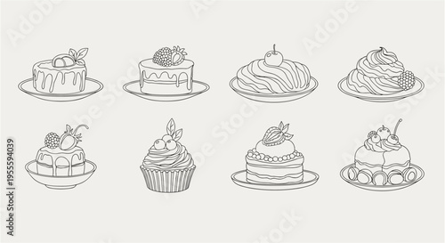 Collection of eight delicious desserts and cakes in a simple line art style