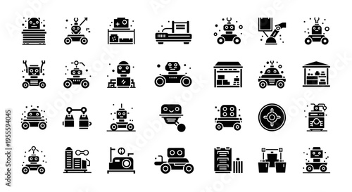 Collection of diverse robot icons representing automation and technology in various industries