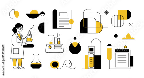 Scientist in lab coat conducting experiment with flasks and scientific equipment, abstract design