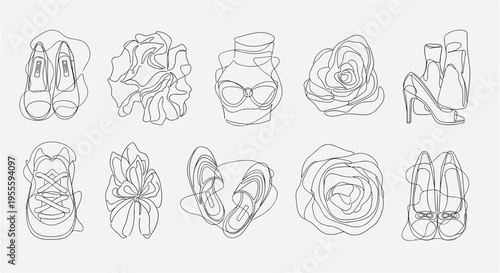 Collection of minimalist line art drawings of various footwear and floral elements