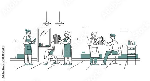 Stylists cutting hair in a modern salon with minimalist decor and bright lighting