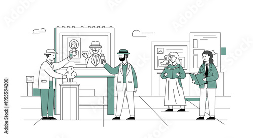 People enjoying art exhibition, taking photos and reading books in a modern gallery