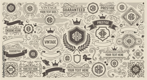 Vintage ornamental emblems and banners with monograms and text placeholders