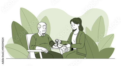 Nurse checking elderly man's blood pressure outdoors with plants in background