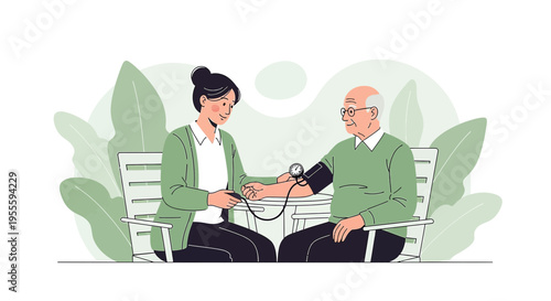 Nurse checking elderly man's blood pressure in a park, healthcare concept