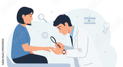 Dermatologist examines patient's hand with magnifying glass, skin health checkup