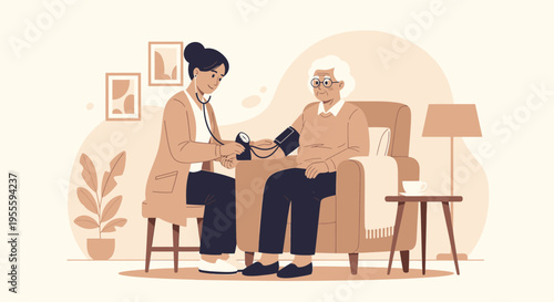 Nurse checking elderly woman's blood pressure at home, healthcare concept