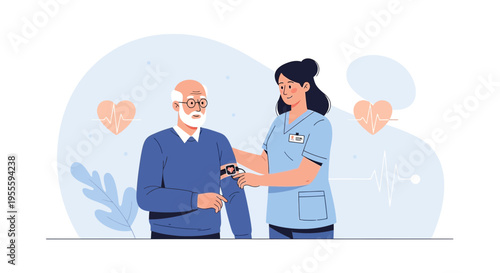 Nurse checking elderly man's blood pressure, healthcare concept