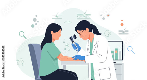 Dermatologist examining patient's skin with dermatoscope in clinic, skin care concept