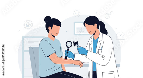 Dermatologist examines patient's skin with magnifying glass and dermatoscope in clinic