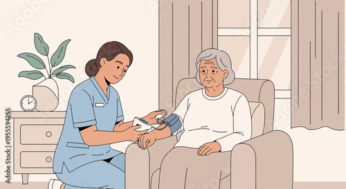 Nurse checking elderly woman's blood pressure at home, healthcare concept