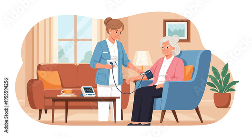 Nurse checking elderly woman's blood pressure at home, healthcare concept