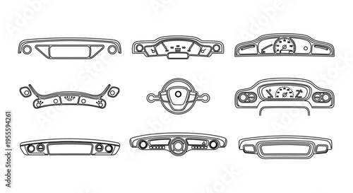 Collection of vintage car dashboard and steering wheel line art illustrations