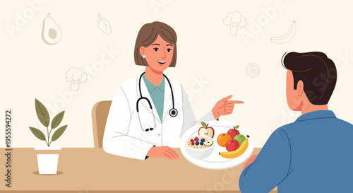 Dietitian consulting patient about healthy eating with fruits and oatmeal