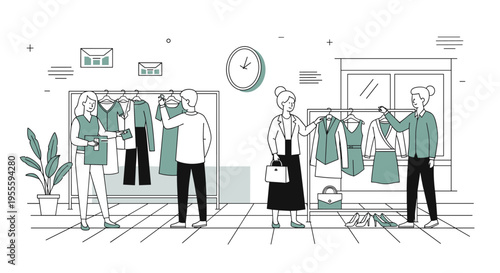 People shopping for clothes in a boutique, choosing outfits from racks and displays