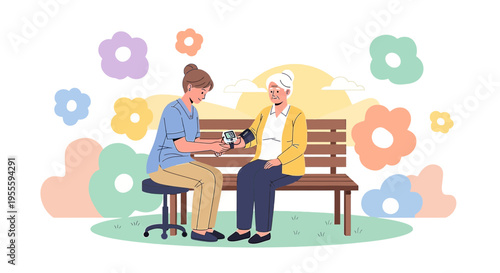 Nurse checking elderly woman's blood pressure on a park bench with flowers