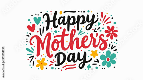 Happy mother's day colorful floral greeting card with flowers and hearts on white background