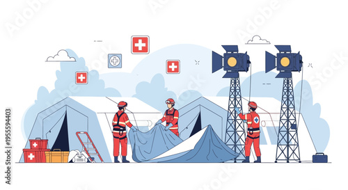 Emergency medical team setting up field hospital with tents and spotlights