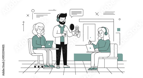 Podcast recording session with host and guests using laptops and microphones