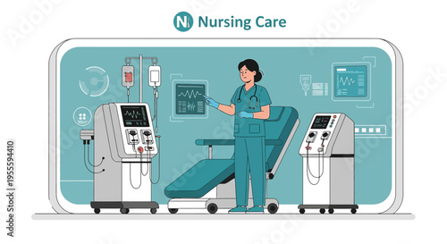 Modern Dialysis Unit: Nurse, Machines, and Medical Equipment