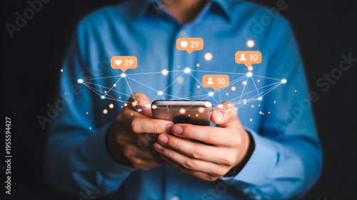 Social media engagement with likes, followers, and comments shown on a smartphone screen, illustrating online interaction